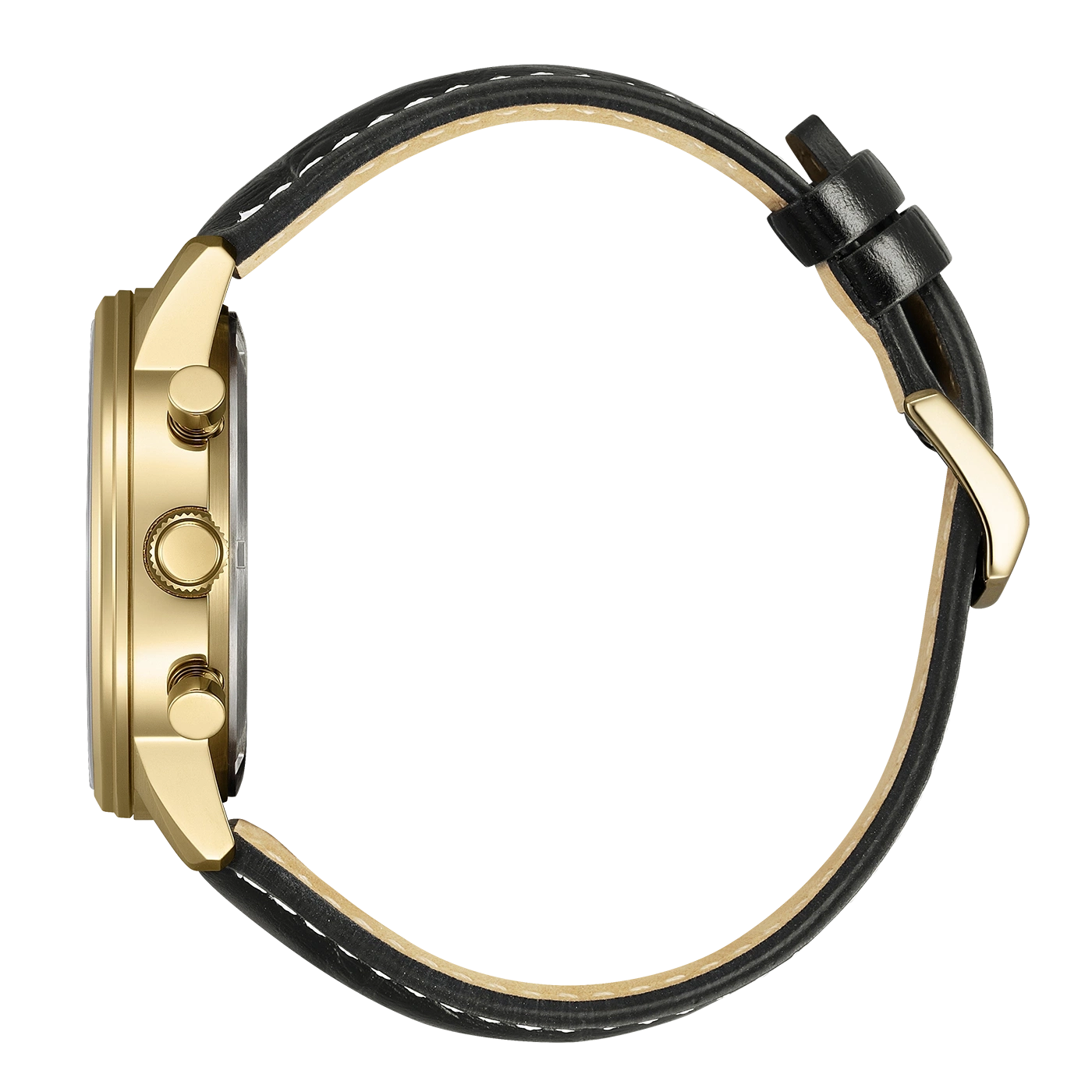 Seitenansicht einer goldenen Uhr mit schwarzem Lederarmband und weißen Nähten.