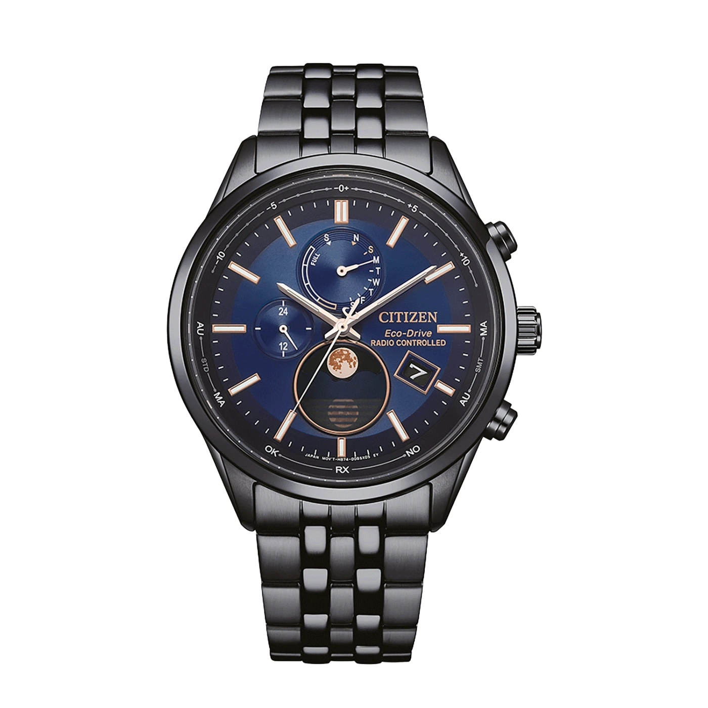 Citizen Eco-Drive Uhr mit schwarzem Armband und blauem Zifferblatt, funkgesteuert.
