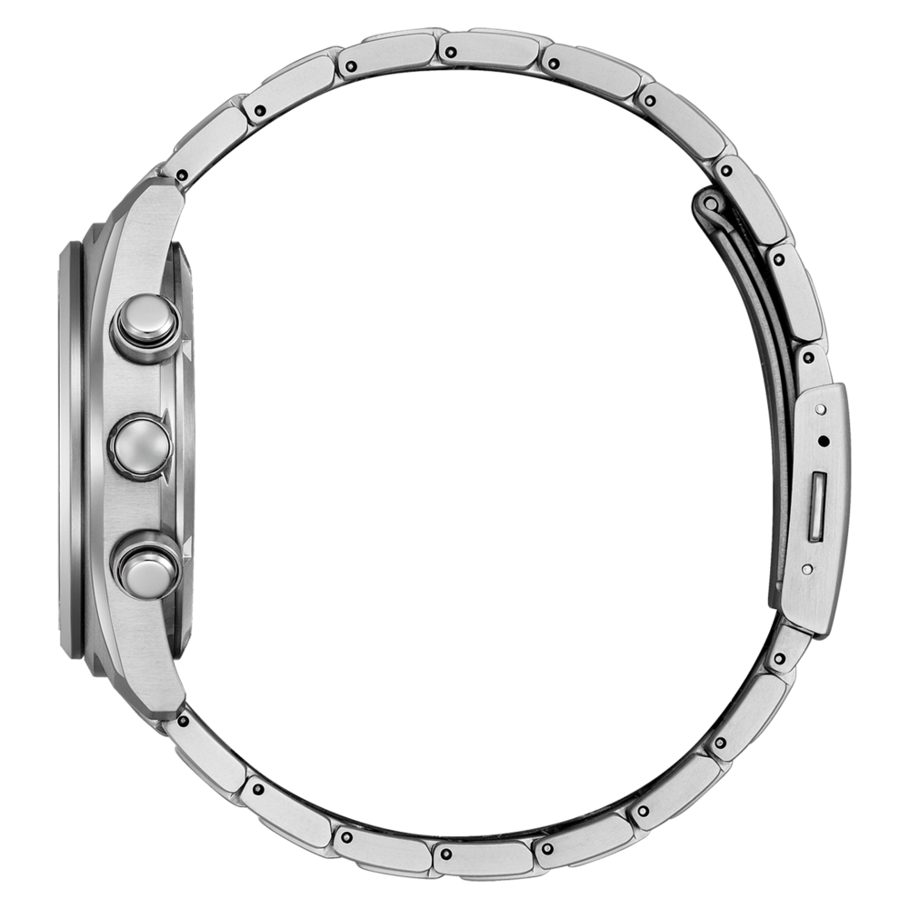 Seitenansicht einer silbernen Uhr mit Metallarmband und zwei Knöpfen an der Seite.