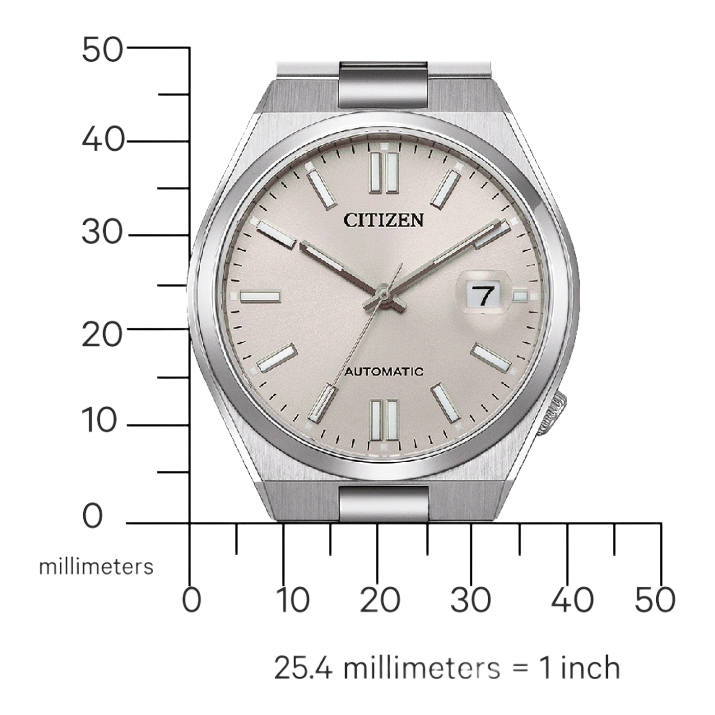 Citizen-Uhr mit silbernem Gehäuse und Zifferblatt, Automatikwerk, Datumsanzeige.