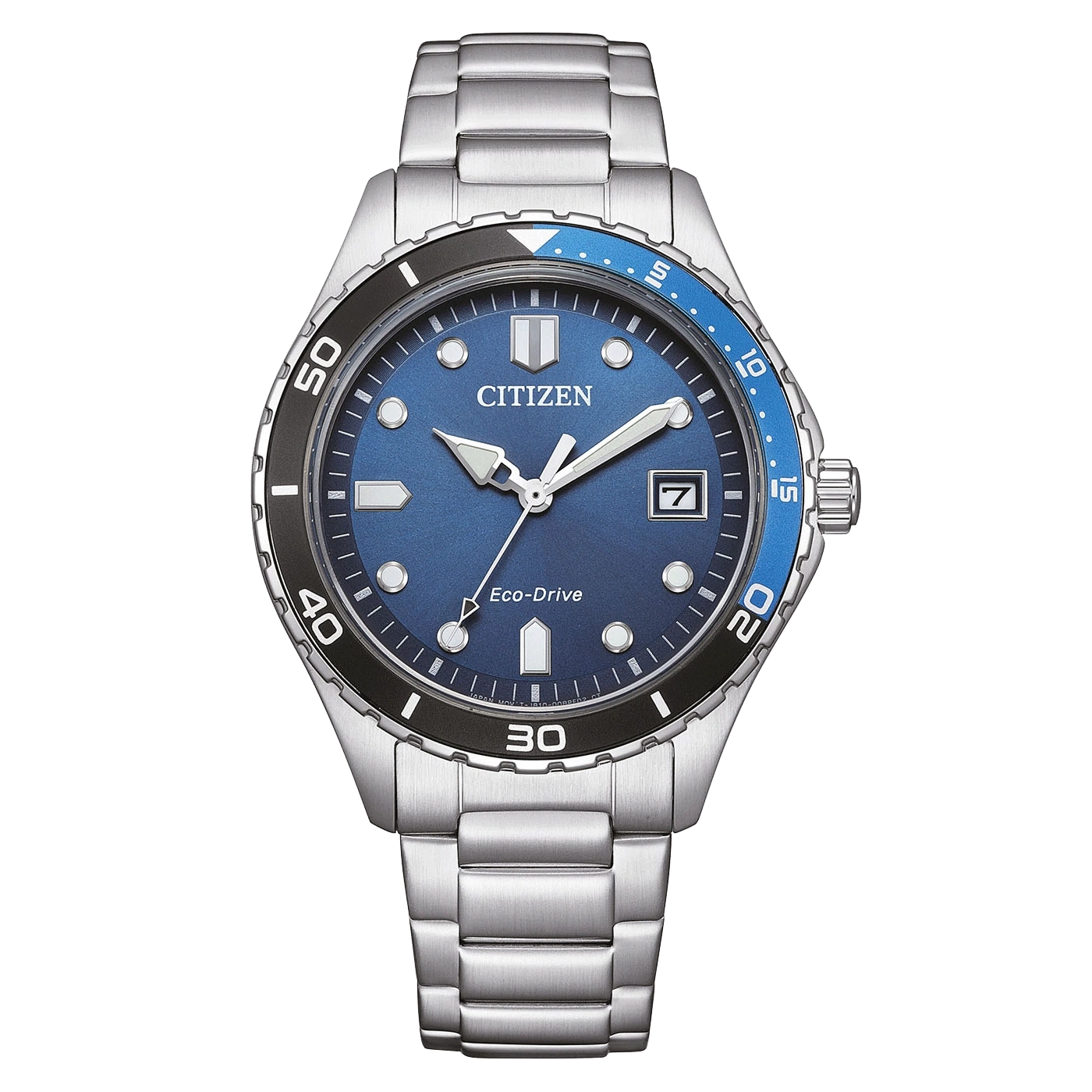 Citizen-Uhr mit blauem Zifferblatt und silbernem Armband, Eco-Drive-Technologie.