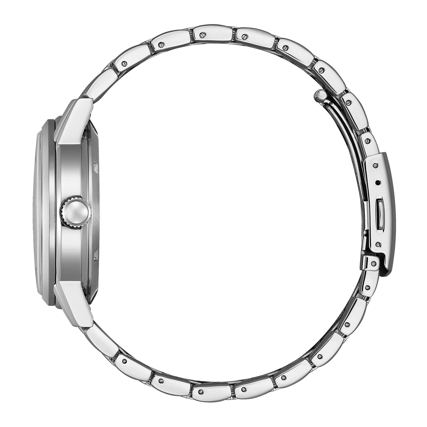 Seitenansicht einer silbernen Uhr mit Metallarmband.