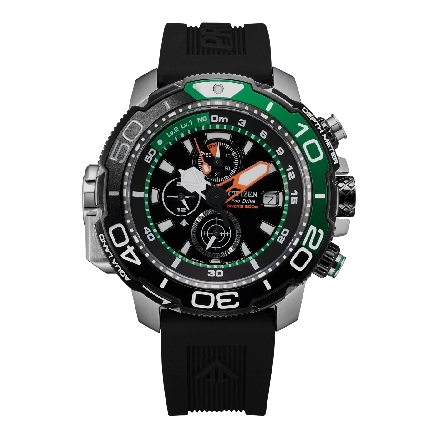 Citizen Eco-Drive Uhr mit schwarzen und grünen Akzenten, Tiefenmesser und Kautschukarmband.
