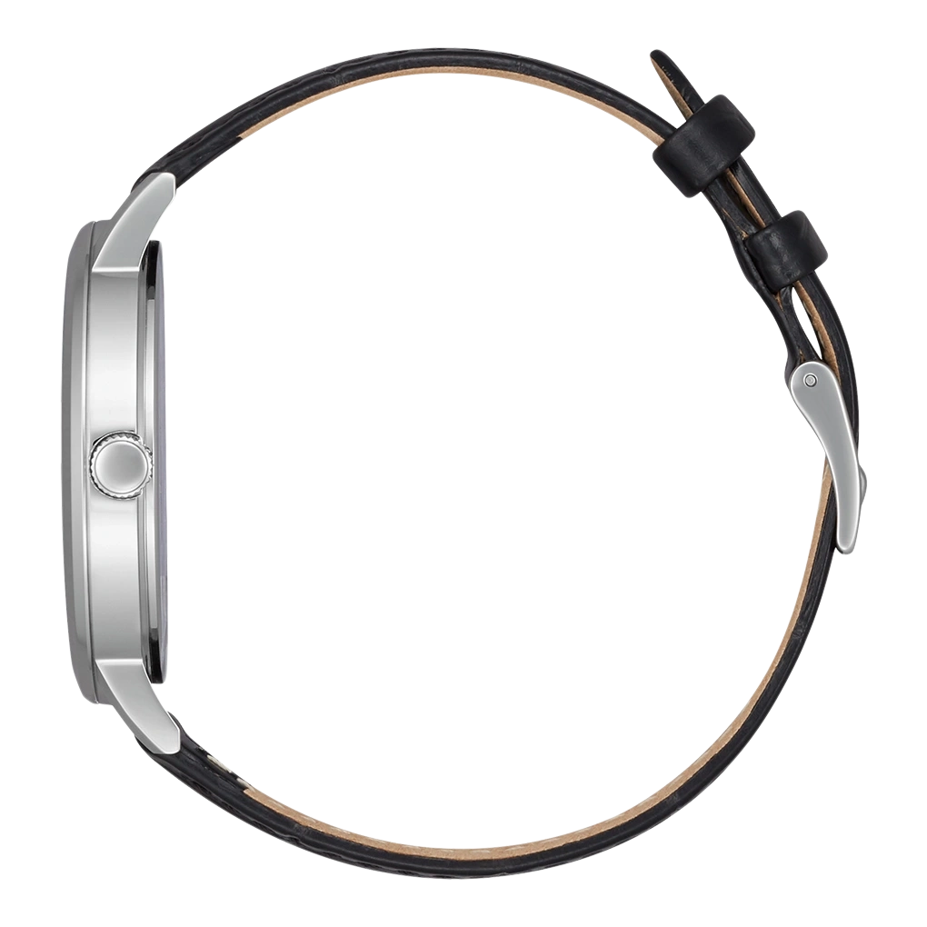Seitenansicht einer silbernen Uhr mit schwarzem Lederarmband.