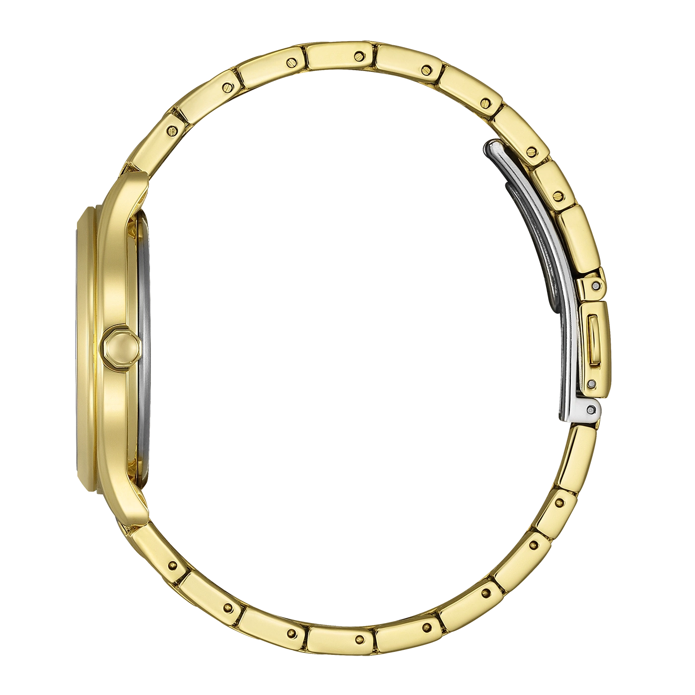 Seitenansicht einer goldenen Uhr mit Metallarmband.