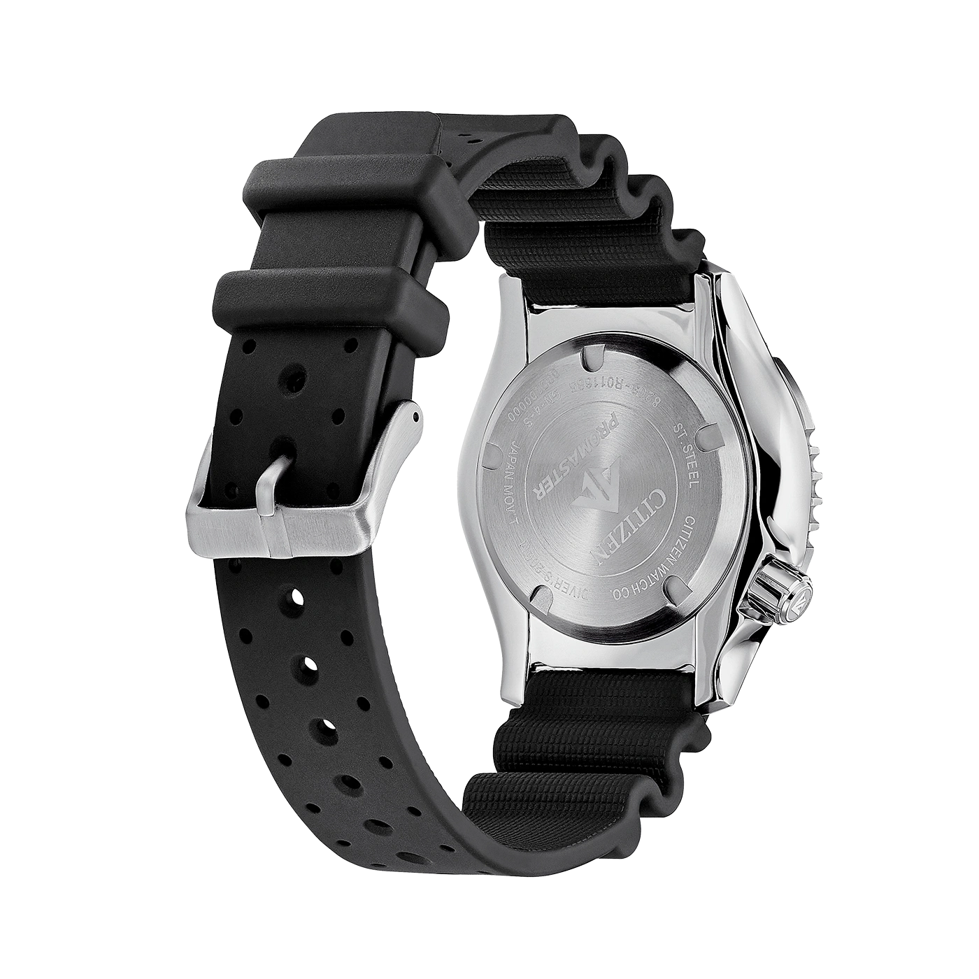 Citizen Promaster Uhr Rückseite, schwarzes Armband, Edelstahl, Taucheruhr, Nahaufnahme