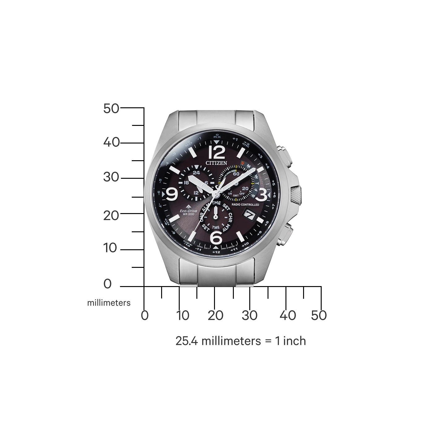 Citizen-Uhr mit schwarzem Zifferblatt, silbernem Armband und Maßstab.