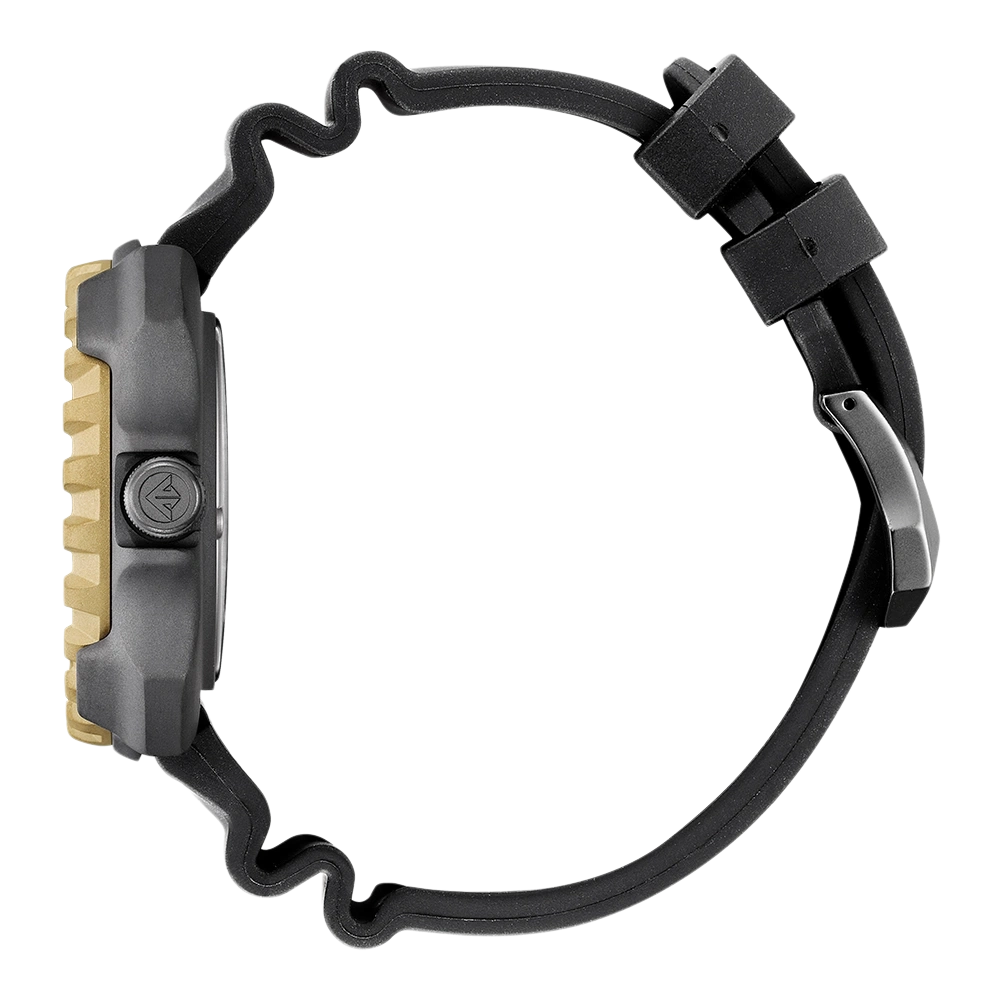Seitenansicht einer schwarzen Uhr mit goldener Lünette und schwarzem Armband.