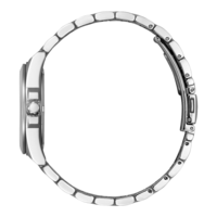 Seitenansicht einer silbernen Armbanduhr mit Metallband und Verschluss.