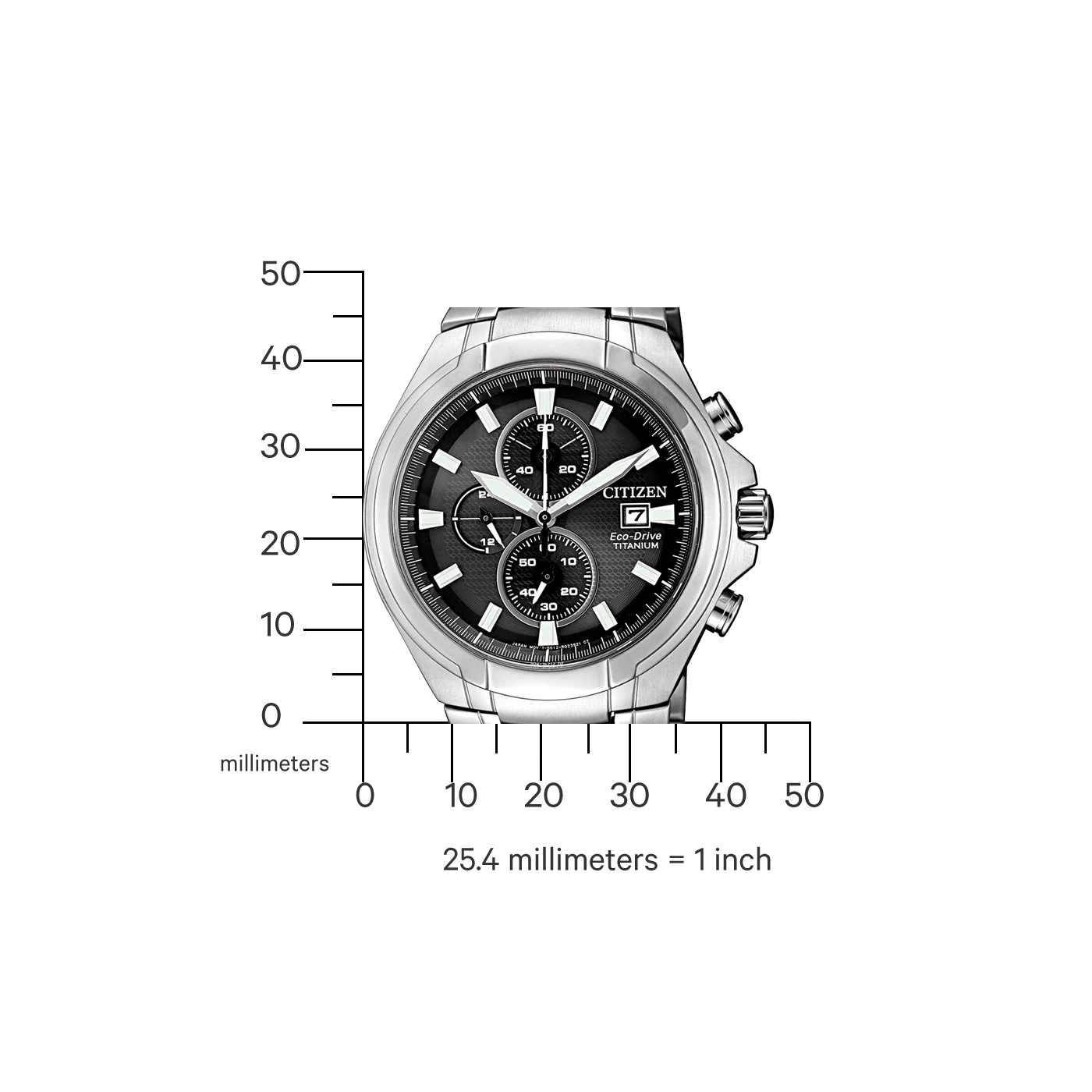 Citizen-Uhr mit schwarzem Zifferblatt und Titan Eco-Drive, Messung in Millimetern.