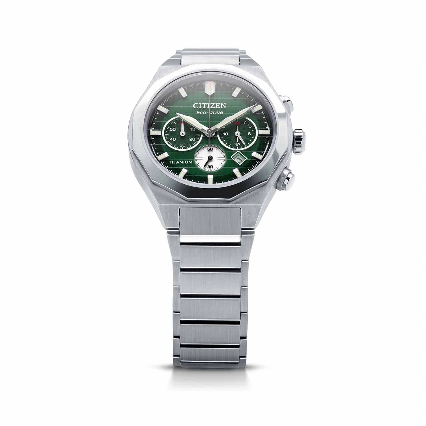 Citizen Eco-Drive Uhr mit grünem Zifferblatt und Titanarmband, elegantes Design.