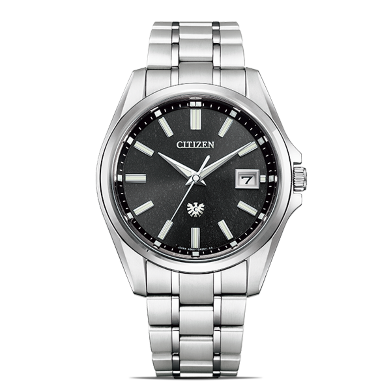 Citizen-Uhr mit schwarzem Zifferblatt und silbernem Armband, Datumsanzeige.