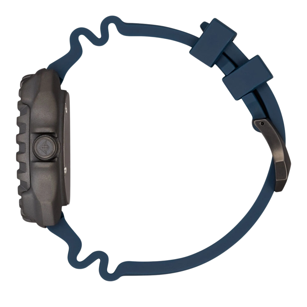 Seitenansicht einer dunkelgrauen Uhr mit blauem Armband.