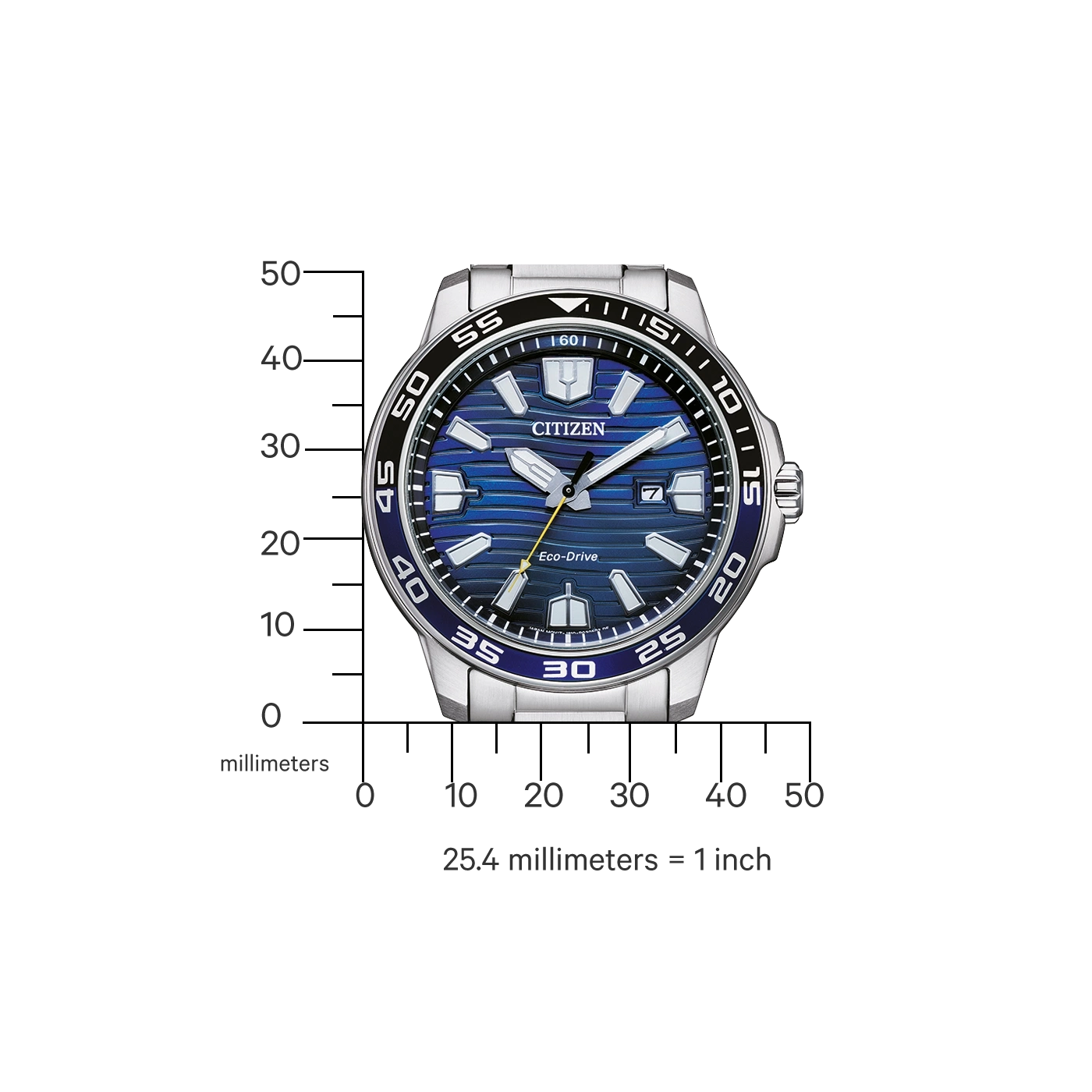 Citizen-Uhr mit blauem Zifferblatt und silbernem Armband, Eco-Drive-Technologie und Datumsanzeige.