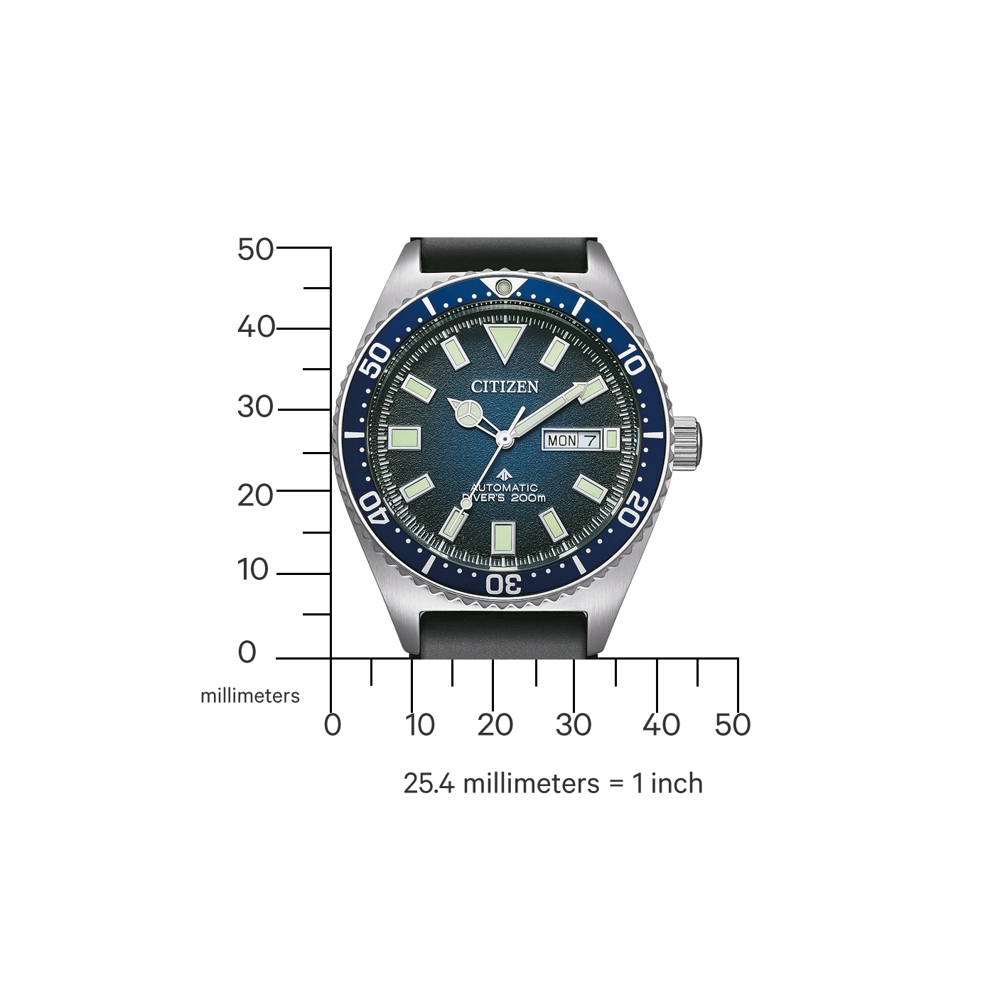 Citizen-Uhr mit blauem Zifferblatt, schwarzem Armband und Maßstab.