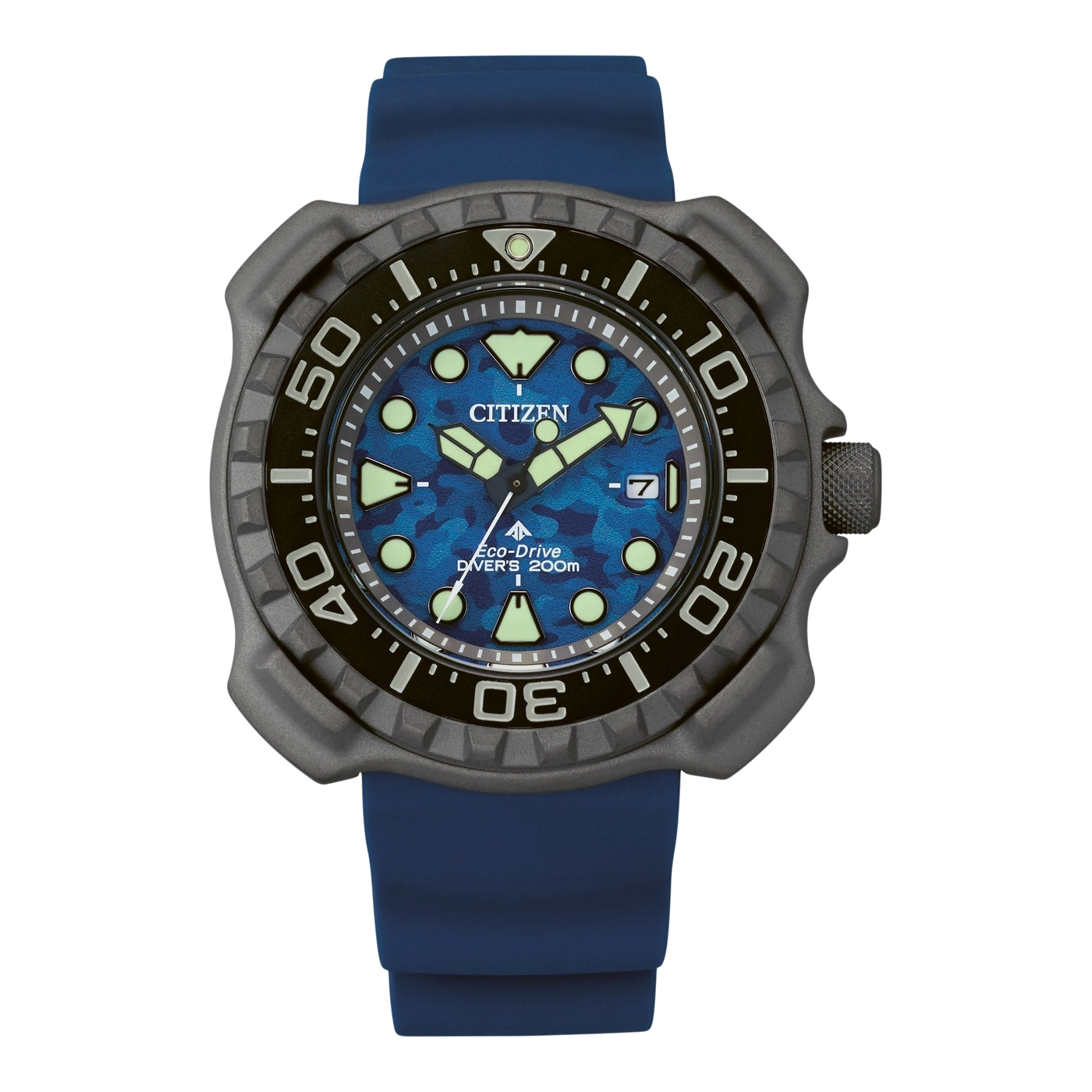 Citizen-Uhr mit blauem Camouflage-Zifferblatt und blauem Armband, Taucheruhr