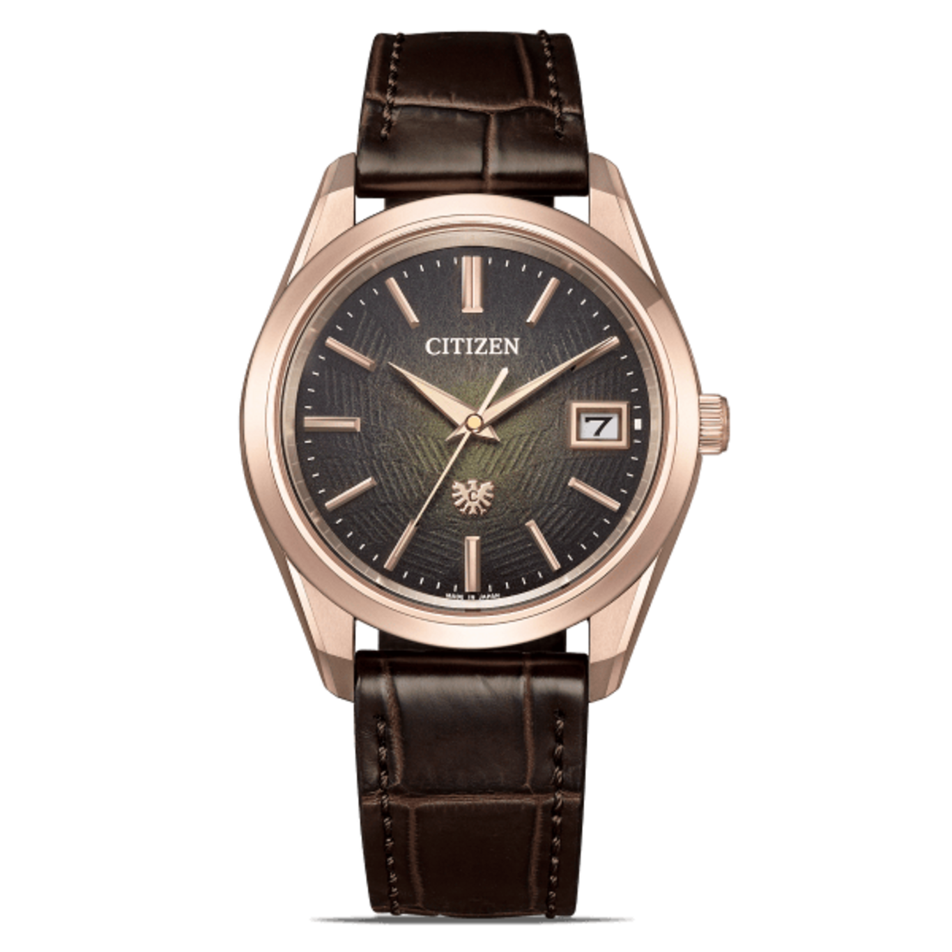 Citizen-Uhr mit braunem Lederarmband und dunklem Zifferblatt mit Datumsanzeige.