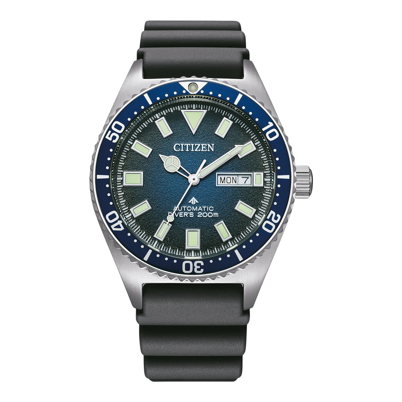 Citizen-Uhr mit blauer Lünette und schwarzem Armband, die Tag und Datum anzeigt.