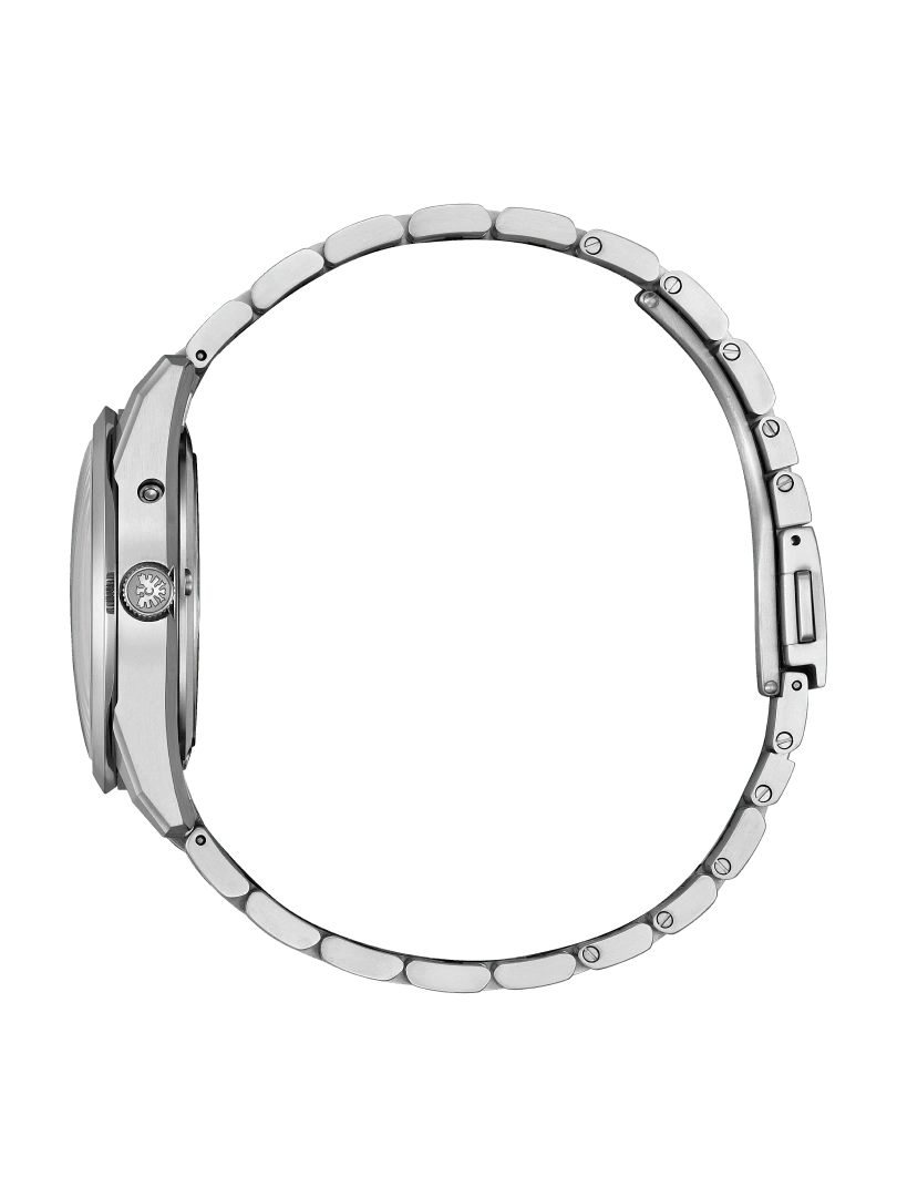 Seitenansicht einer silbernen Armbanduhr mit Metallband auf grünem Hintergrund