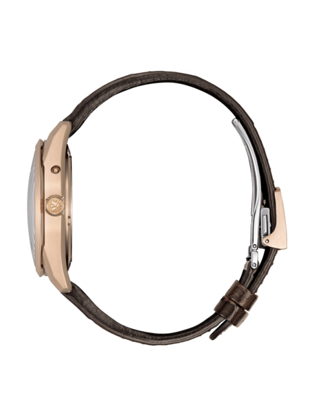 Seitenansicht einer Luxusuhr mit braunem Lederarmband und goldenem Gehäuse.