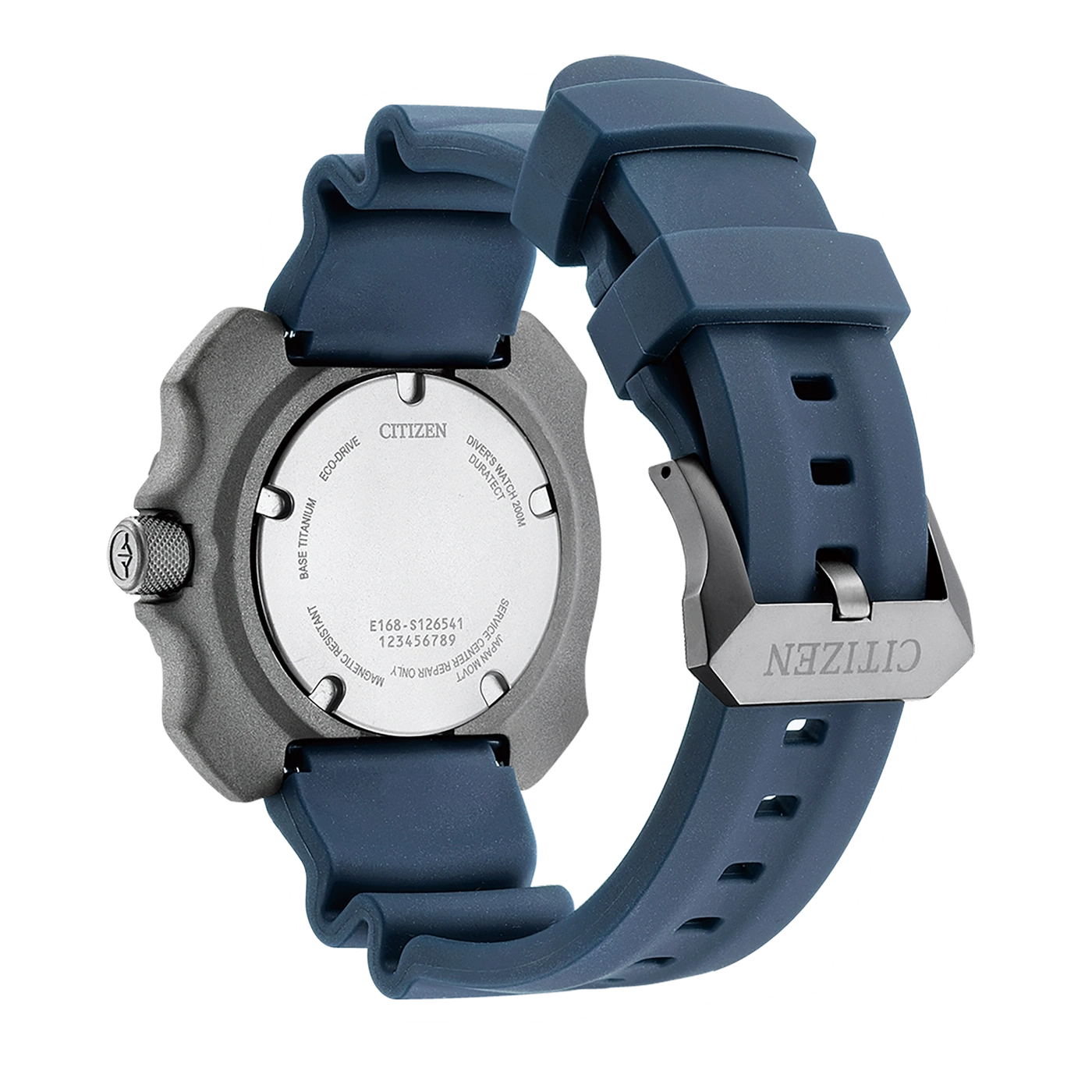 Citizen-Uhr, Rückseite, Titan, blaues Armband, Eco-Drive, Taucheruhr, magnetisch beständig