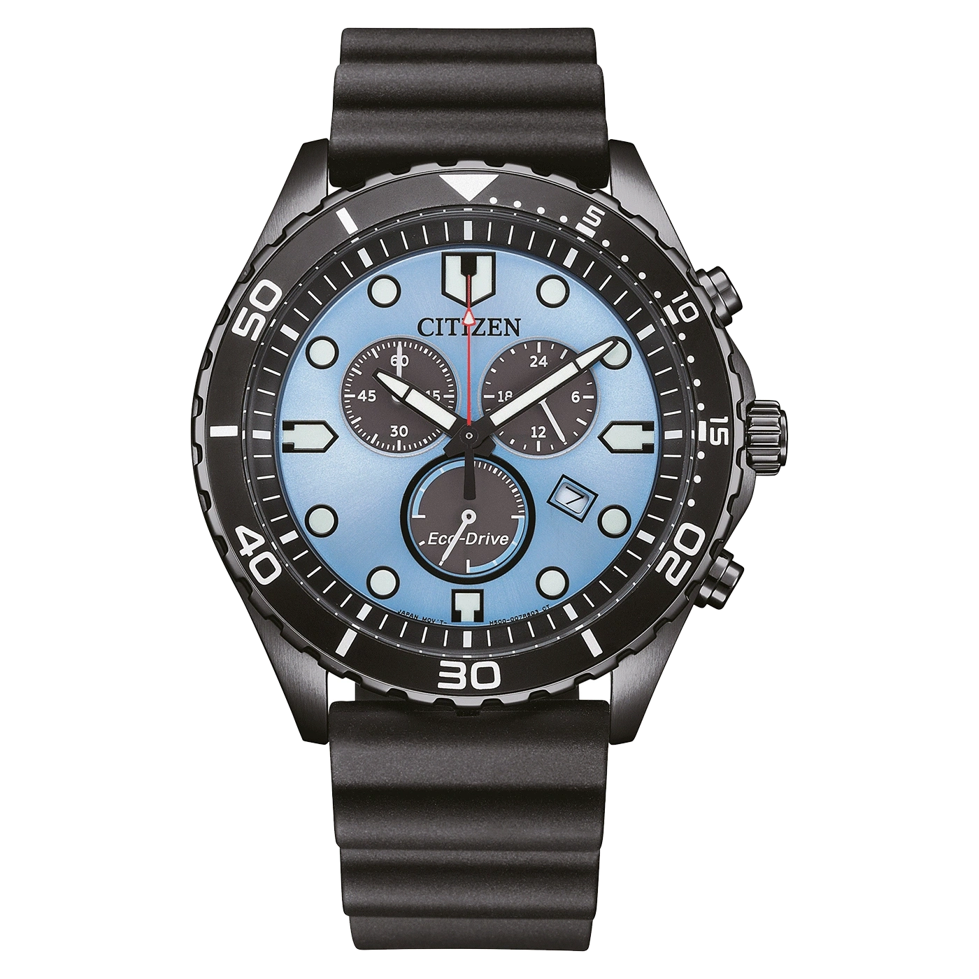 Citizen-Uhr mit schwarzer Lünette und hellblauem Zifferblatt.