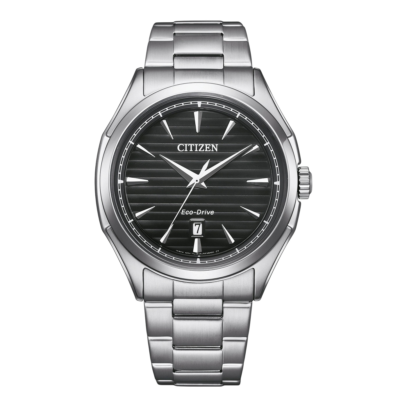 Citizen-Uhr mit schwarzem Zifferblatt und silbernem Armband.