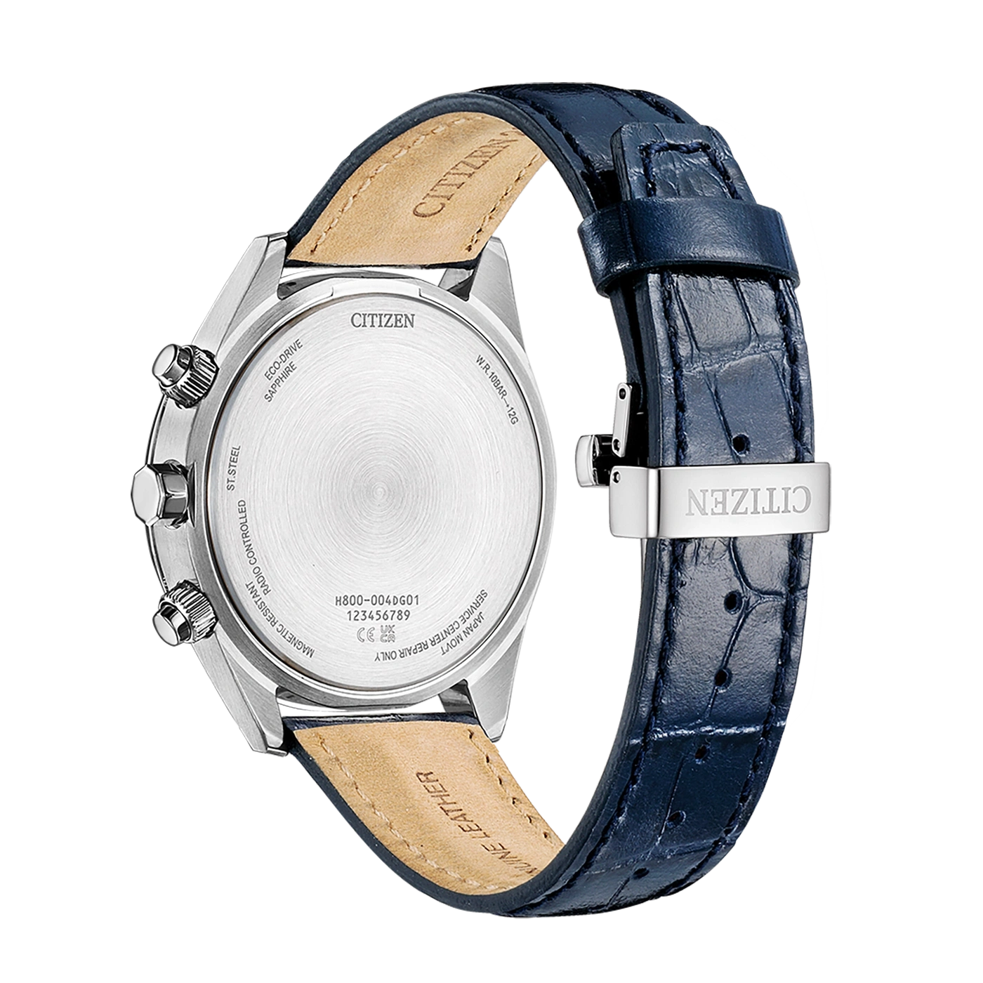 Citizen-Uhrrückseite, blaues Lederarmband, Edelstahl, Eco-Drive, Saphirglas.