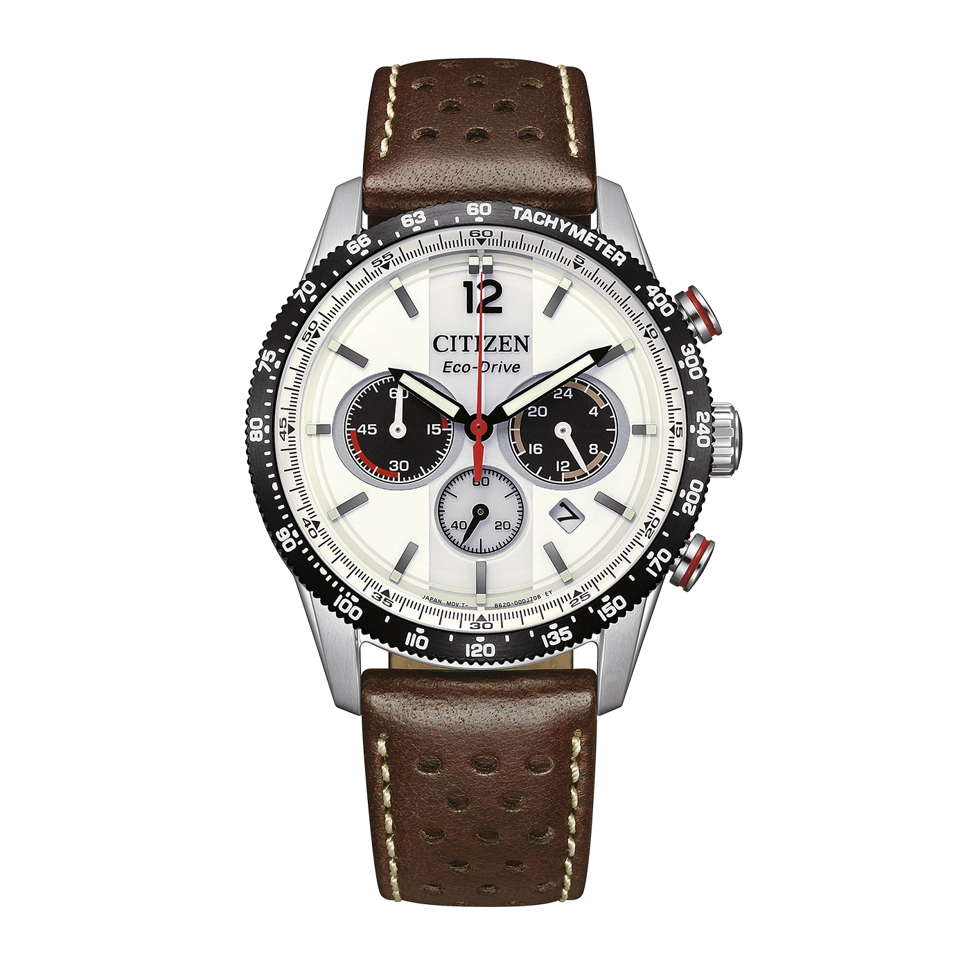 Eine weiße Citizen Eco-Drive Chronographenuhr mit braunem Lederarmband.