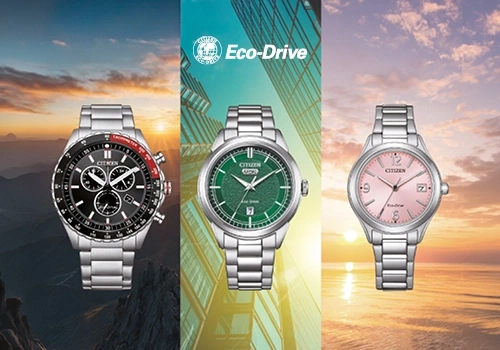 Drei Citizen Eco-Drive Uhren mit malerischen Hintergründen.