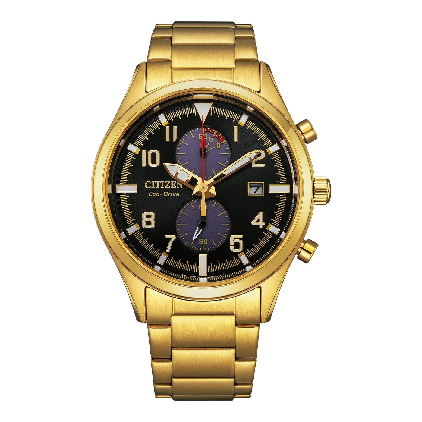 Goldene Citizen Eco-Drive Uhr mit schwarzem Zifferblatt und Chronographenfunktionen.