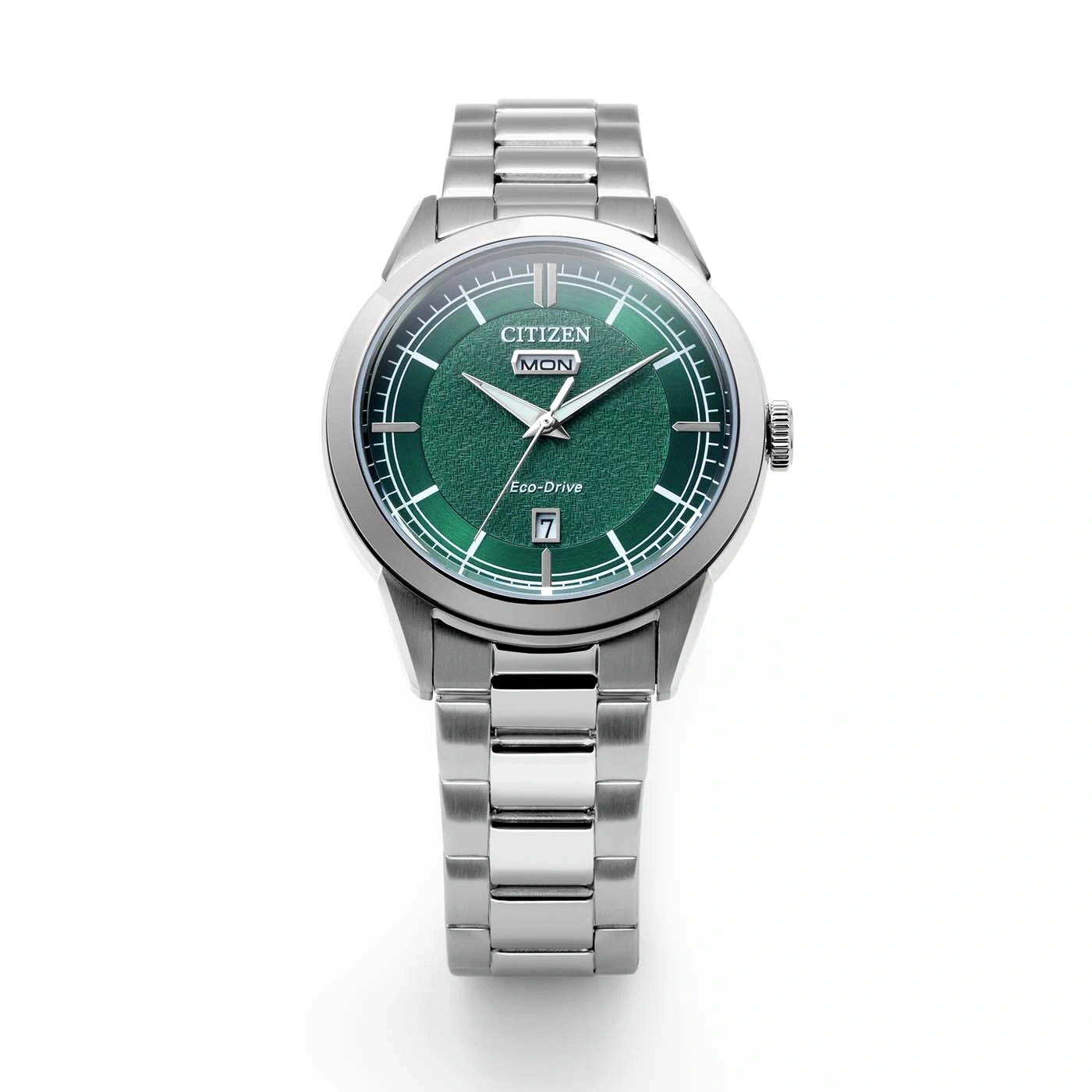 Eine Citizen Eco-Drive Uhr mit grünem Zifferblatt und silbernem Armband.
