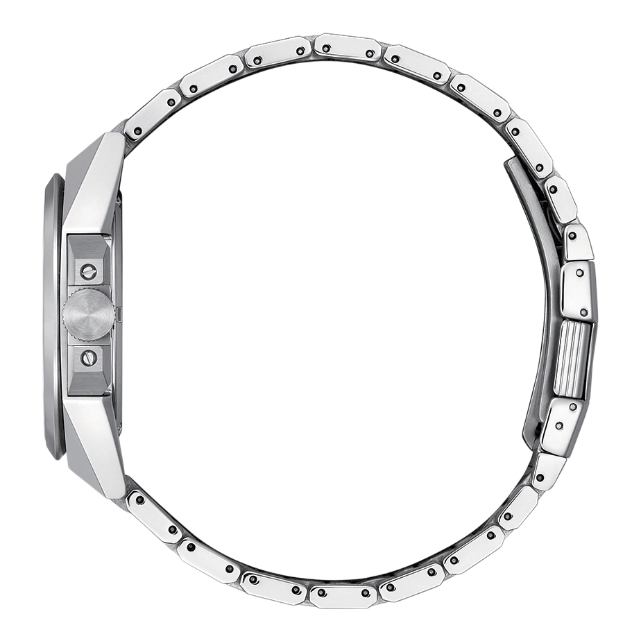 Silberne Uhr Seitenansicht mit Metallarmband und rundem Zifferblatt.