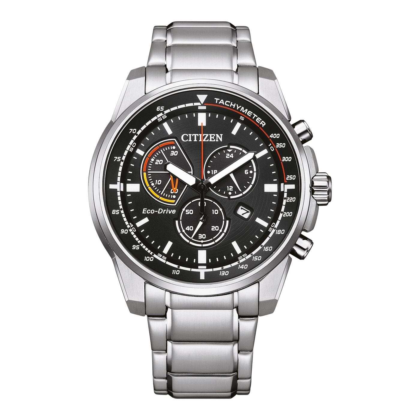 Citizen-Uhr mit schwarzem Zifferblatt, silbernem Armband und Chronographenfunktionen.