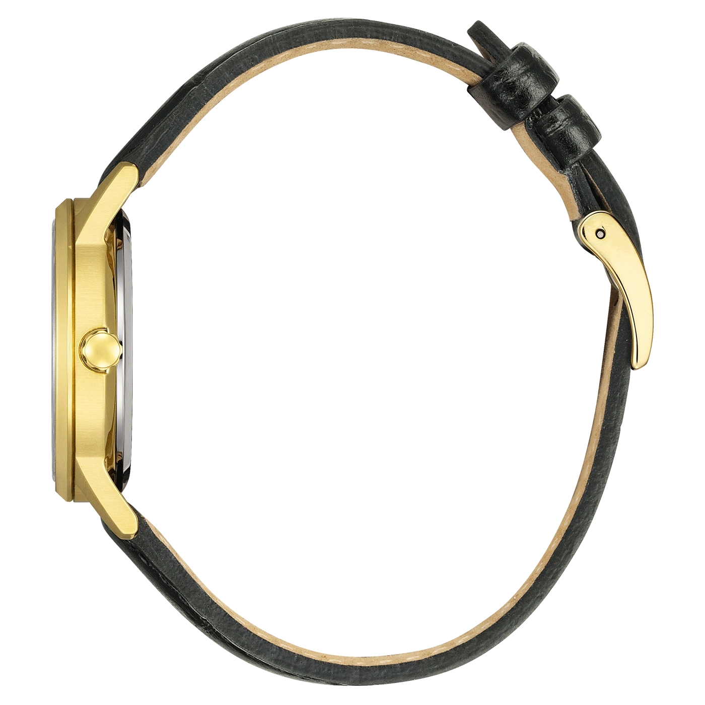 Goldene Uhr mit schwarzem Lederarmband, Seitenansicht, elegantes Design, luxuriöses Accessoire