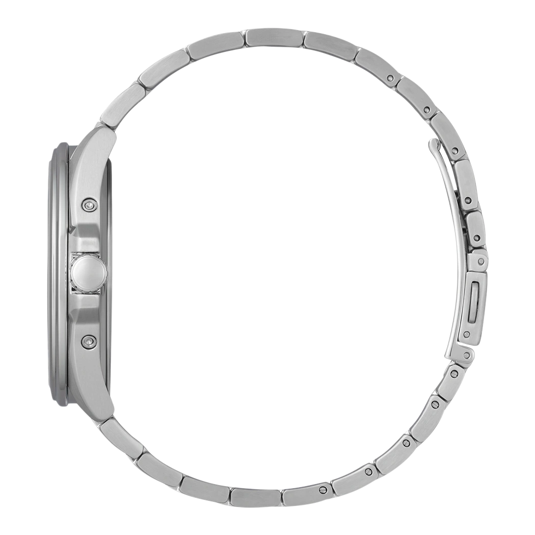 Seitenansicht einer silbernen Armbanduhr mit Metallband und Verschluss.