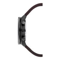 Seitenansicht einer schwarzen Uhr mit braunem Lederarmband und Knöpfen.