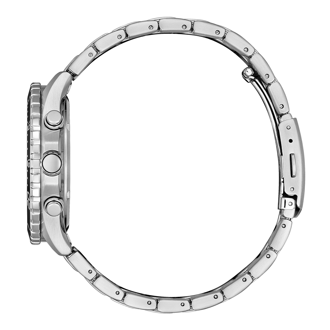 Silberne Uhr mit Metallarmband, Seitenansicht, isoliert auf weißem Hintergrund.