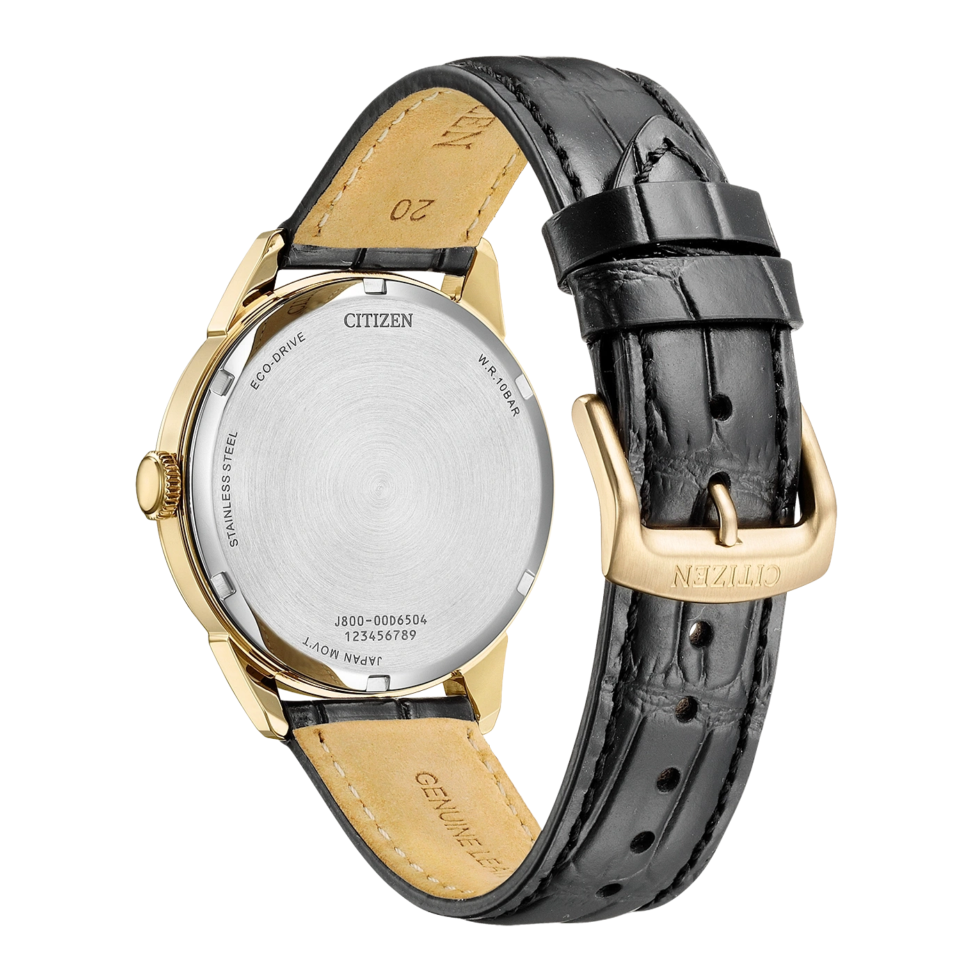 Rückseite einer goldenen Citizen Eco-Drive Uhr mit schwarzem Lederarmband.