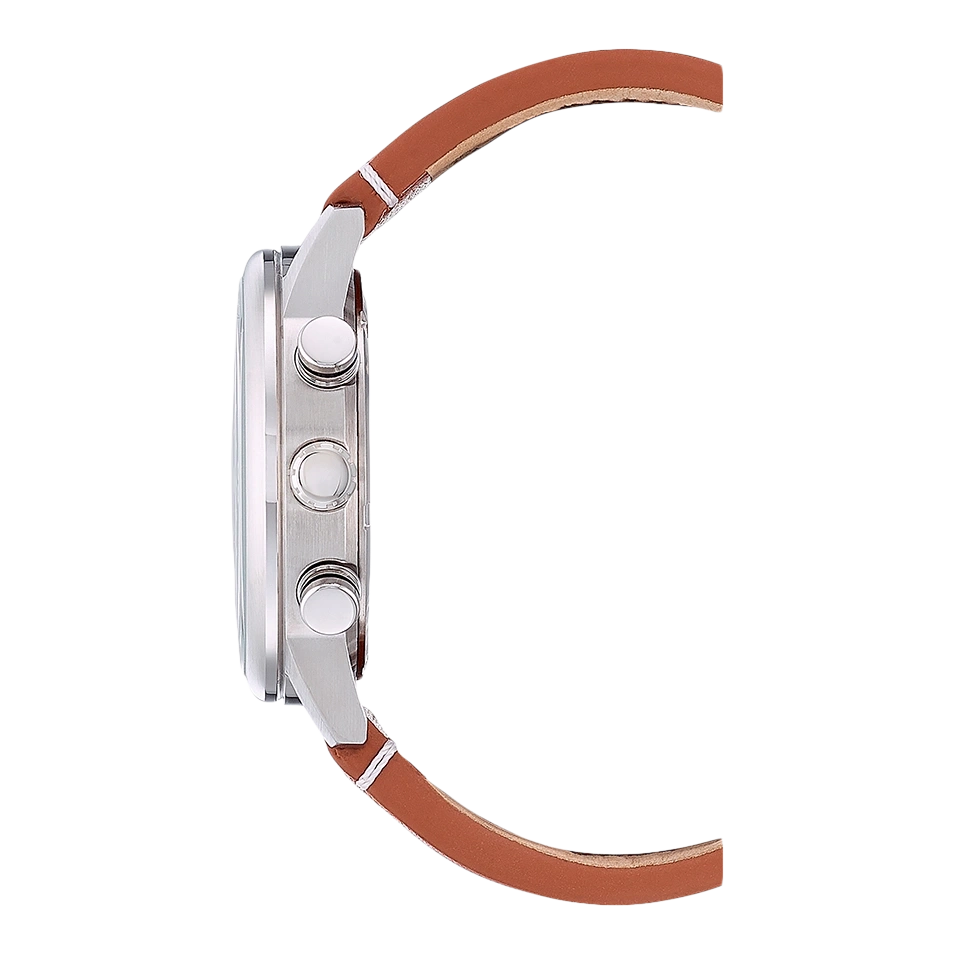 Seitenansicht einer silbernen Uhr mit braunem Lederarmband.