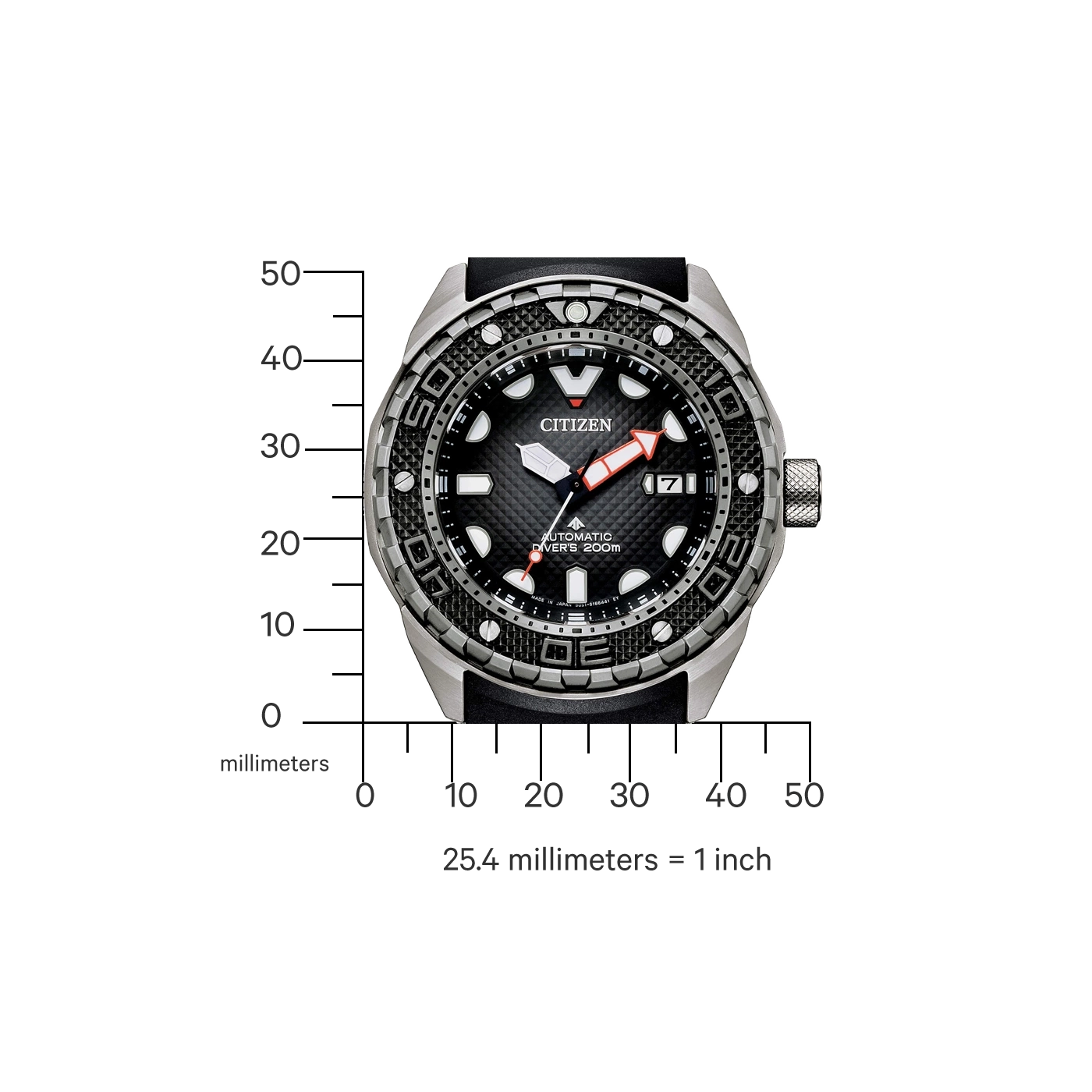 Citizen-Uhr mit schwarzem Zifferblatt, Automatik-Taucheruhr 200m und einer Millimeterskala.
