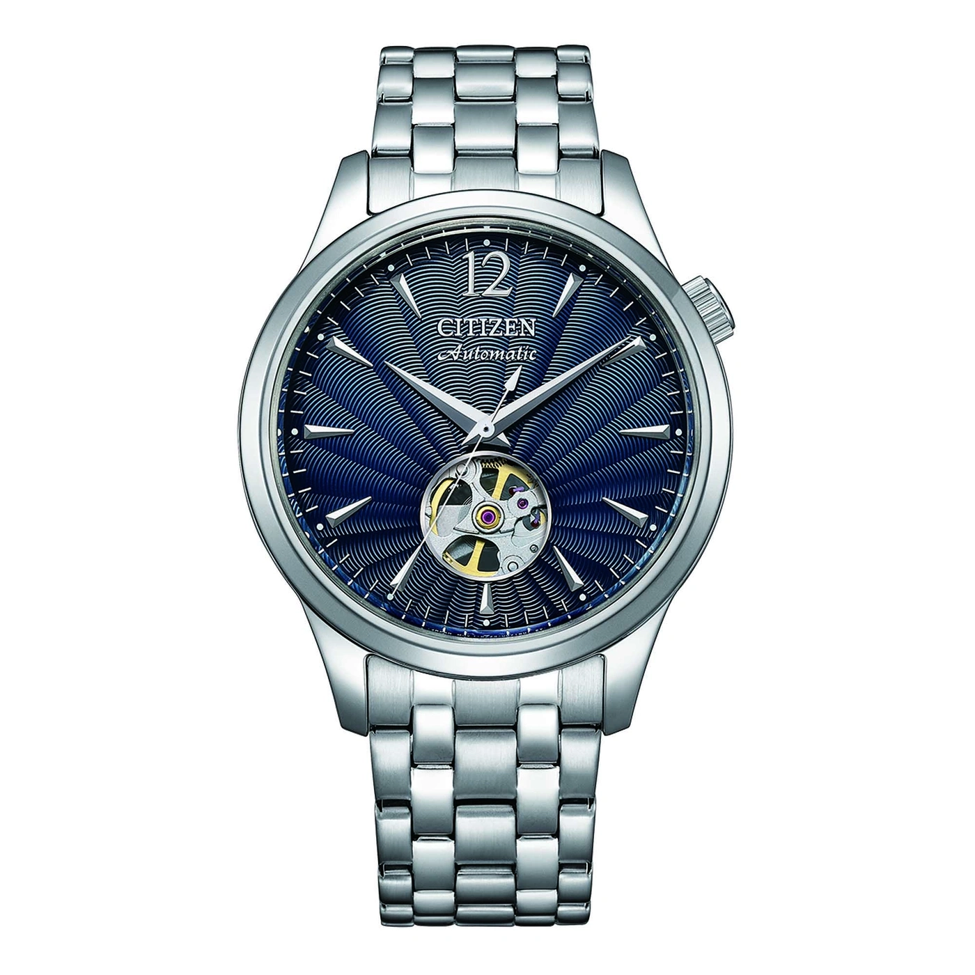 Citizen Automatikuhr mit blauem Zifferblatt und silbernem Armband.