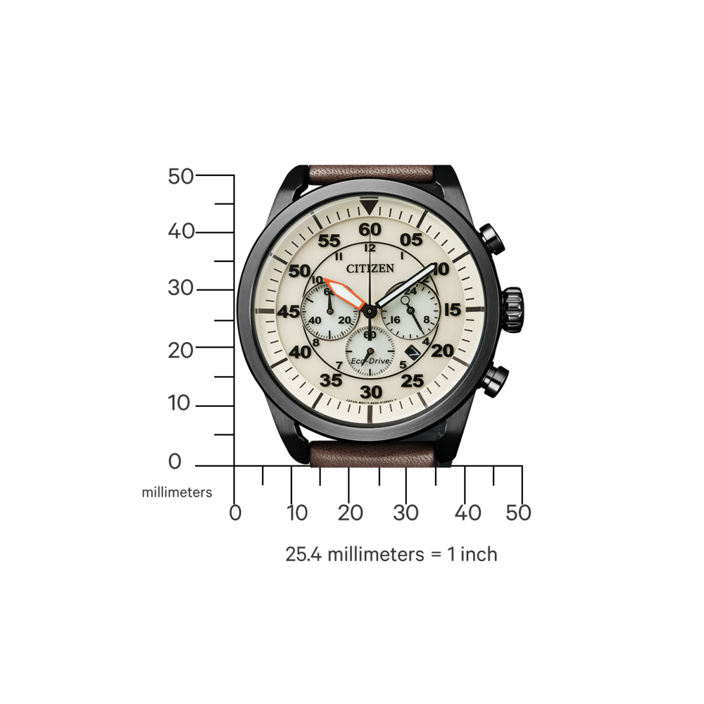 Citizen-Uhr mit schwarzem Gehäuse und braunem Lederarmband, Messskala.