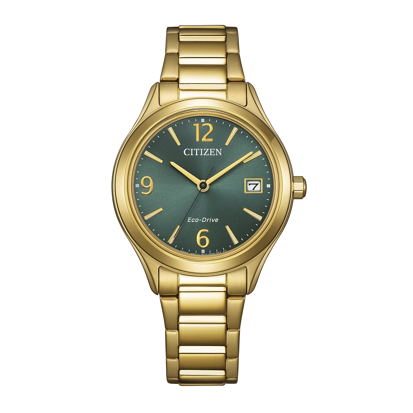 Eine goldene Citizen Eco-Drive Uhr mit grünem Zifferblatt.