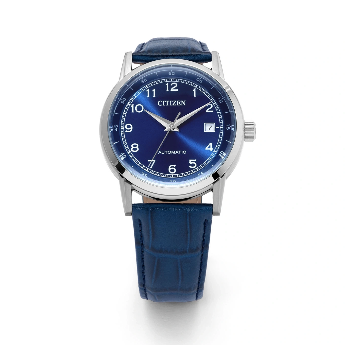 Eine blaue Citizen Automatik-Uhr mit Lederarmband.