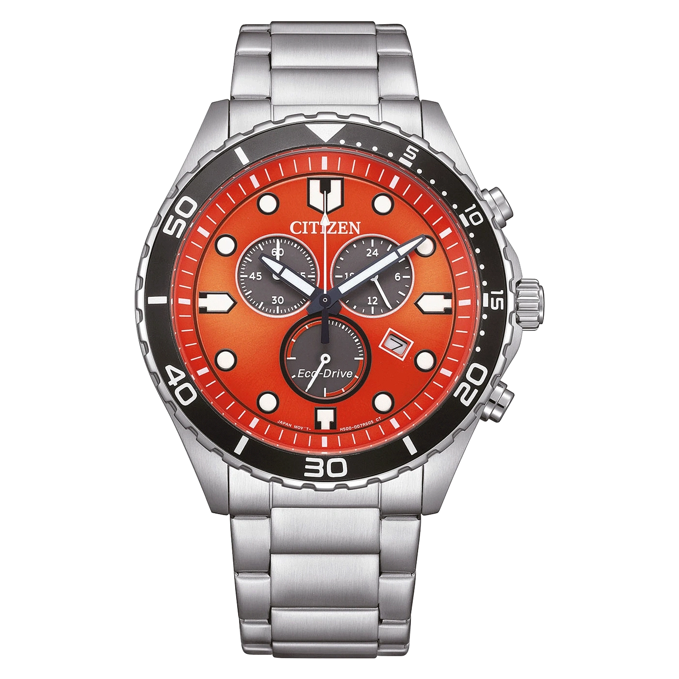 Citizen-Uhr mit orangefarbenem Zifferblatt, schwarzer Lünette und silbernem Armband.