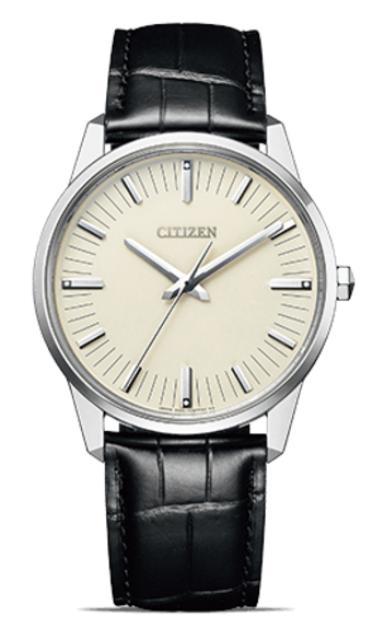 This image showcases a Citizen watch with a silver-toned case and a black crocodile-embossed leather strap. It features a light, off-white dial with thin hour markers and sleek hands, all against a plain background.