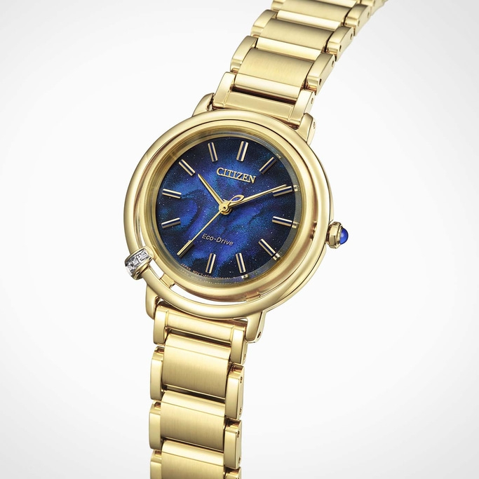 Goldene Citizen-Uhr mit blauem Zifferblatt und goldenem Armband.