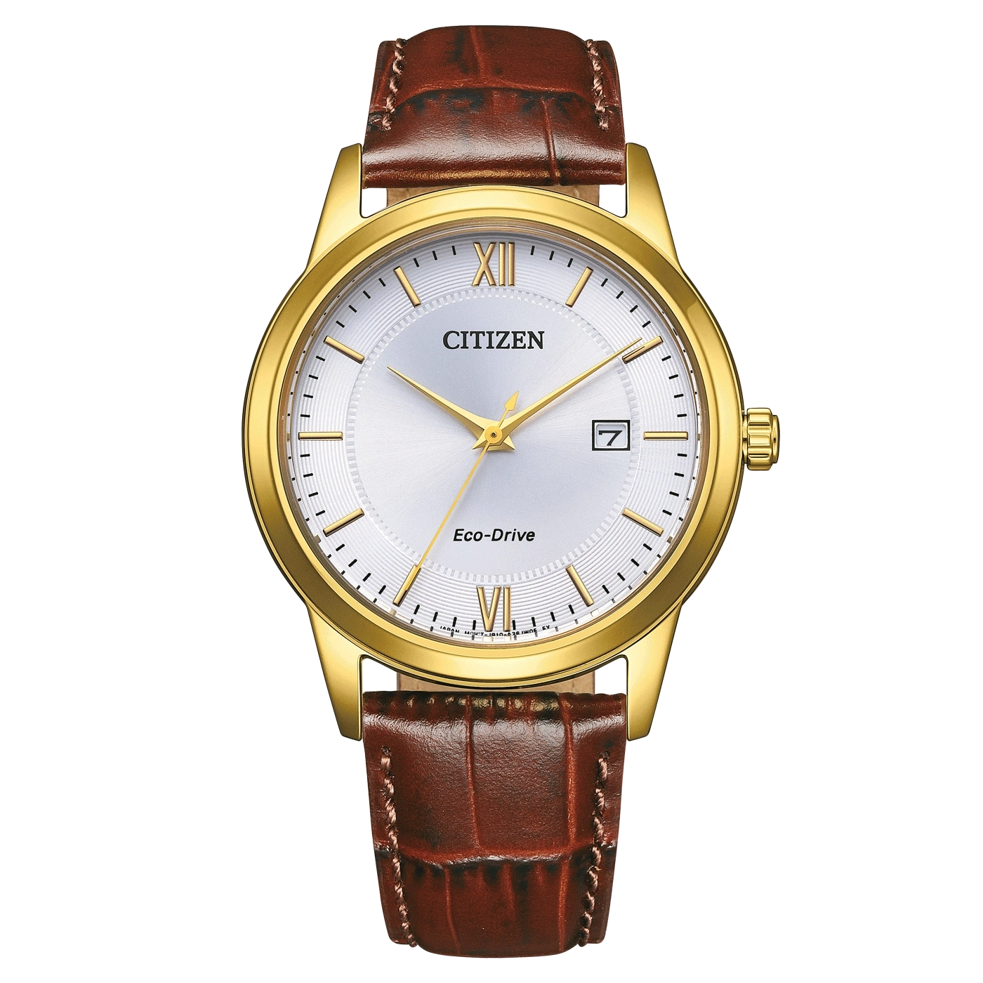 Citizen-Uhr mit goldenem Gehäuse, weißem Zifferblatt und braunem Lederarmband