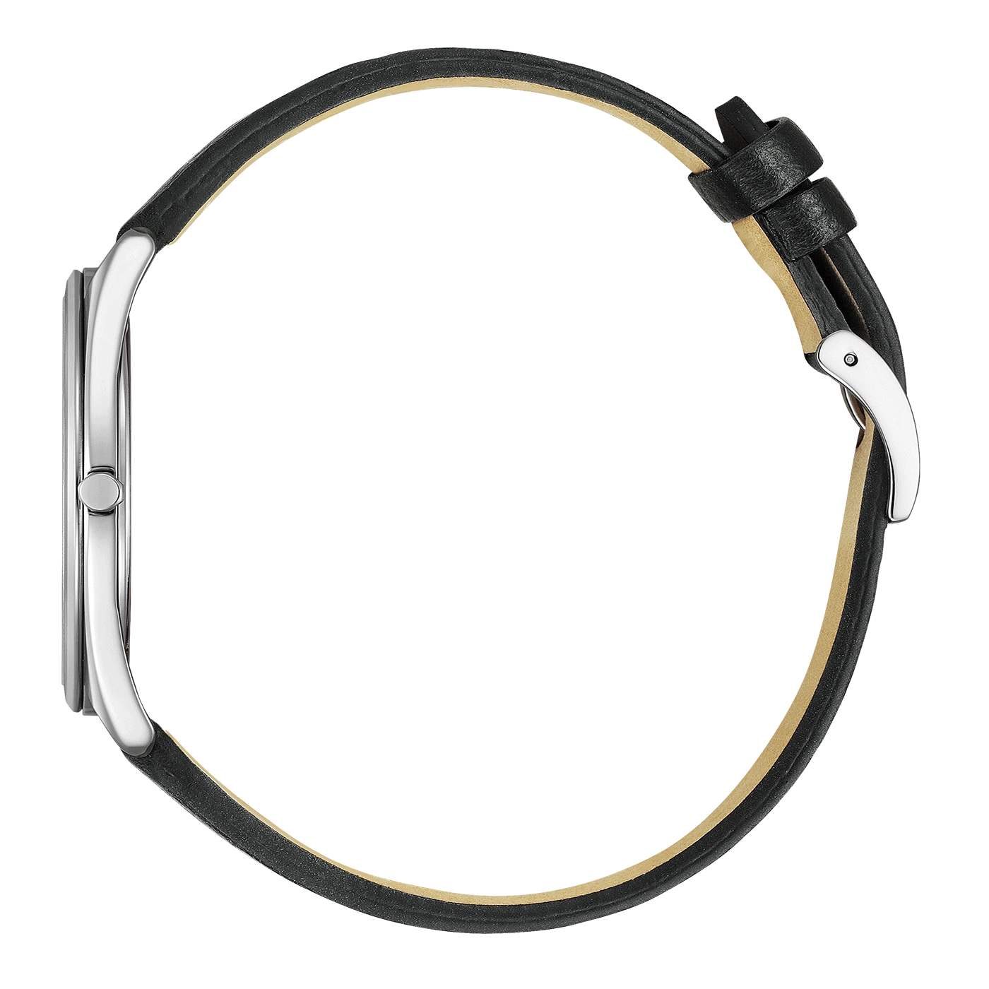 Seitenansicht einer silbernen Uhr mit schwarzem Lederarmband auf grünem Hintergrund.